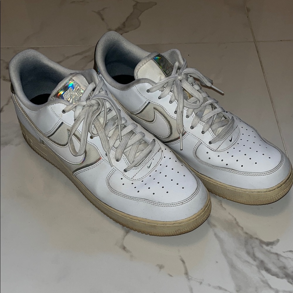Nike Air Force 1s (AF1) White and Holographic Trim Sneakers